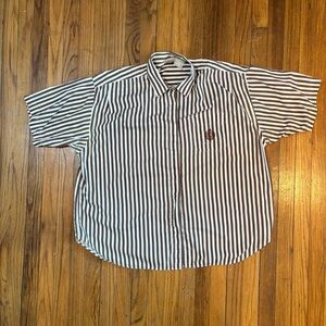 Vintage Men's Short-Sleeve Button-Up Shirt in Brown and White Stripes - Size XL